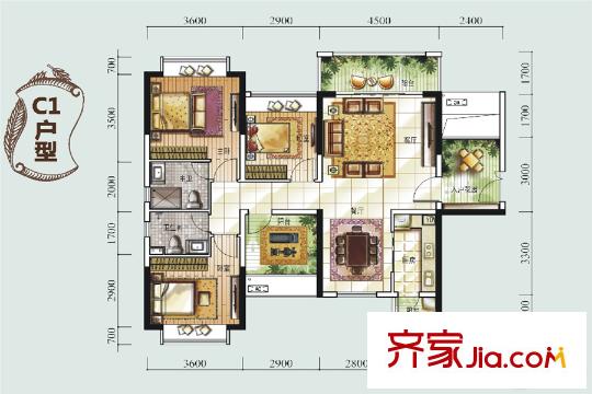 龙光城南四期C1户型 5室2厅2卫1厨