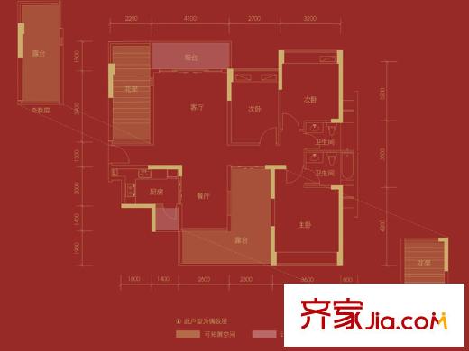 喜福汇户型图A2、B1、B2户型 2室2厅1卫1厨
