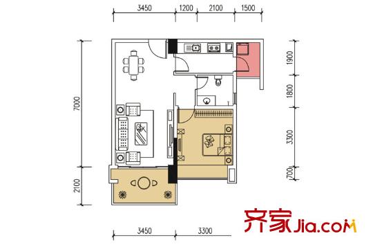非凡空间户型图605-2205偶数层户型图 1室2厅1卫1厨