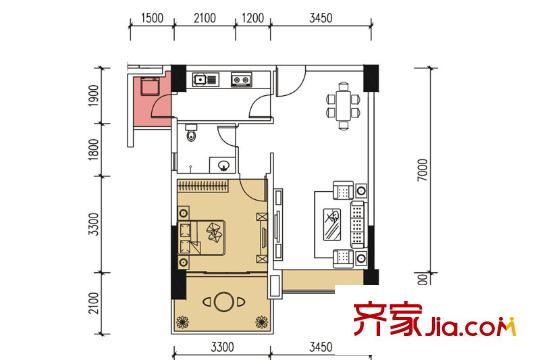非凡空间户型图606-2206偶数层户型图 1室2厅1卫1厨
