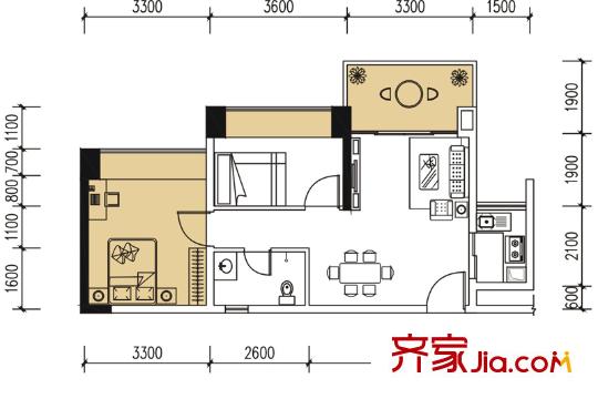 非凡空间户型图5011-2311奇数层户型图 2室2厅1卫1厨