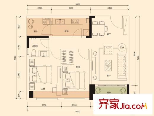 宏发世纪城户型图一期A、B栋02户型 2室2厅1卫1厨