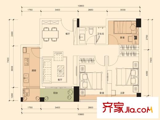 宏发世纪城户型图一期A、B栋03和05户型 3室2厅1卫1厨