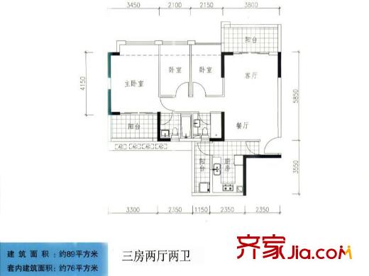 和黄懿花园户型图C10-C11栋C、D户型 3室2厅2卫1厨