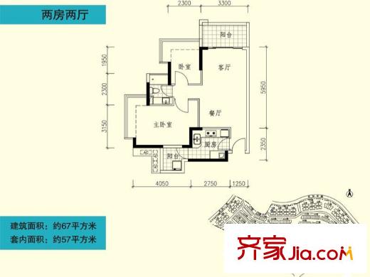 和黄懿花园户型图C12栋01座A户型 2室2厅1卫1厨