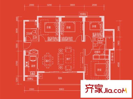 万科红・悦户型图4栋129平03/04户型 4室2厅2卫1厨