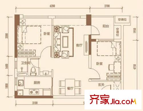 万科红・悦 2室 户型图
