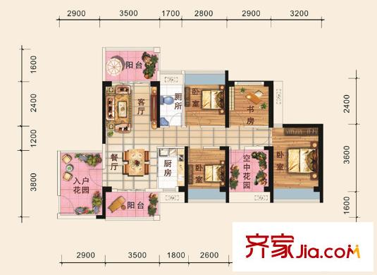 德丰凯旋城三期15/18栋E6户型 3室2厅1卫1厨