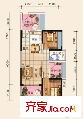 德丰凯旋城三期15/18栋E4户型 2室2厅1卫1厨