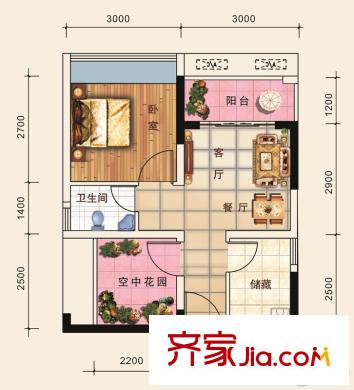 德丰凯旋城三期14/17/19栋E3户型 1室2厅1卫1厨