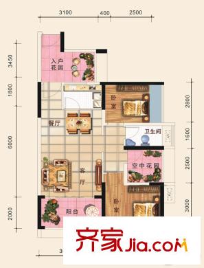 德丰凯旋城三期20栋E9户型 2室2厅1卫1厨