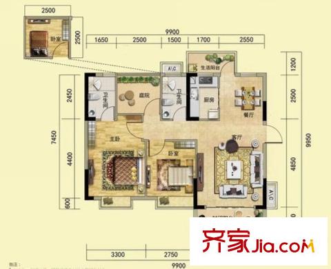 东逸湾花园2栋04户型 3室2厅2卫1厨