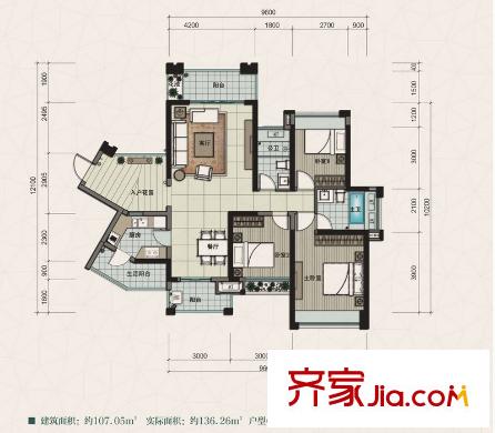 建曙高尔夫1号9栋B-1户型图 3室2厅2卫1厨