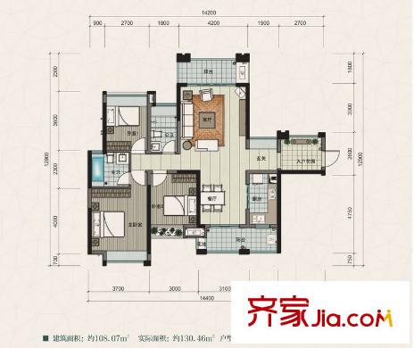 建曙高尔夫1号9栋B-2户型图 3室2厅2卫1厨