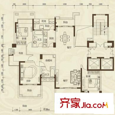 十二橡树庄园户型图1期L户型 4室2厅2卫1厨