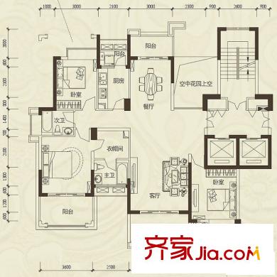 十二橡树庄园户型图1期K户型 3室2厅2卫1厨