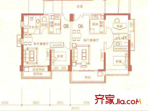 佳兆业水岸新都二期户型图38、39栋A座奇数层06+08 4室2厅2卫