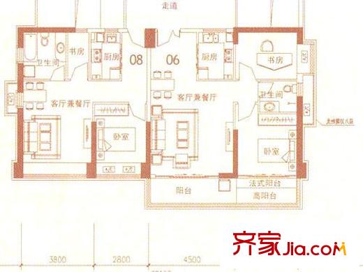 佳兆业水岸新都二期户型图38、39栋A座偶数层06+08 3室2厅2卫