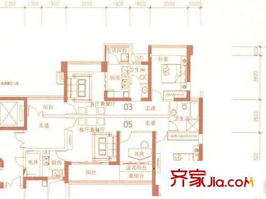 佳兆业水岸新都二期户型图38、39栋A座偶数层03+05 3室2厅2卫