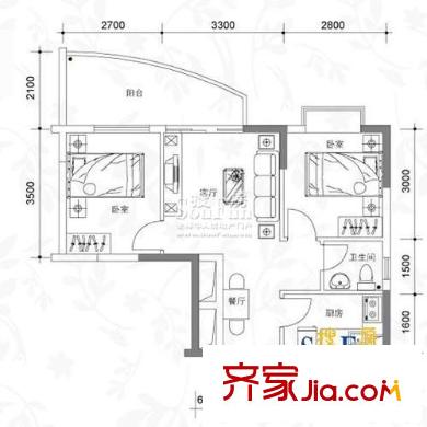 一城峰景户型图二单元D单位3#27层 2室2厅1卫1厨