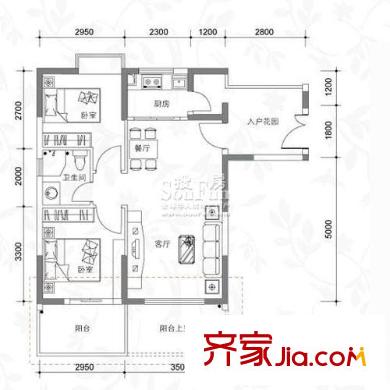 一城峰景户型图一单元A单位3#17奇数层 2室2厅1卫1厨