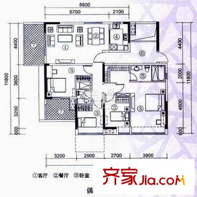 星光之约户型图二房二厅一卫一厨 3室2厅1卫1厨