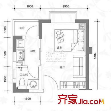 一城峰景户型图一单元E单位3#22层 1室1卫1厨