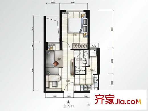 京基滨河时代广场户型图C1、C2、C3栋B/C/D/E户型 1室1厅1卫1厨