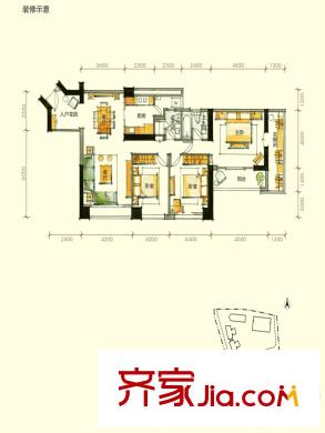 京基滨河时代广场户型图D3栋E户型 3室2厅2卫1厨