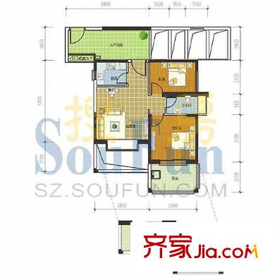水蓝湾户型图1栋4,2栋1单元C户型 2室2厅1卫