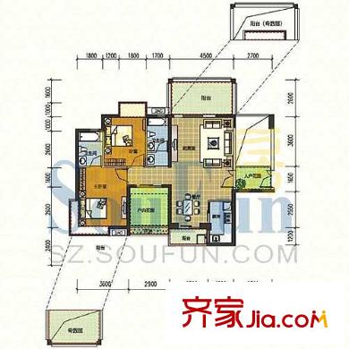 水蓝湾户型图1栋1单元A-B户型 2室2厅2卫