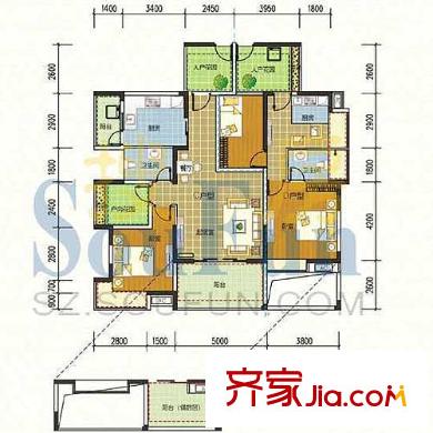 水蓝湾户型图1栋1单元C+D户型 2室3厅2卫
