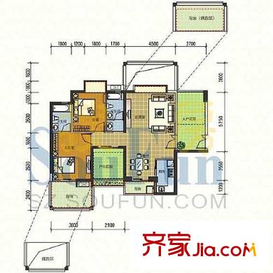水蓝湾户型图1栋2-3单元B户型 2室2厅2卫