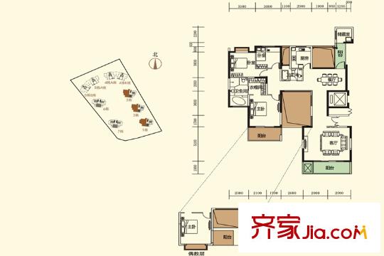 振业城别墅户型图(6、7期)1栋、2栋、3栋平层A户型 3室2厅2卫1厨