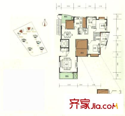 振业城别墅户型图(6、7期)4栋、5栋A座B户型 3室2厅2卫1厨