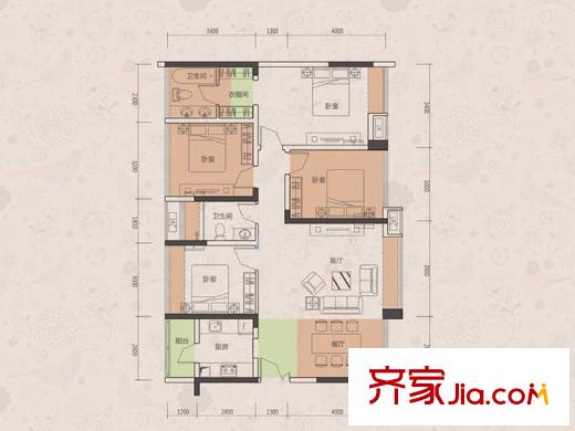 国香清林郡户型图1、2座B户型 4室2厅2卫1厨