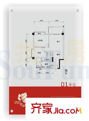 珠光花半里户型图01单位 2室2厅1卫1厨