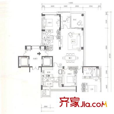 十五平方米花园户型图E户型 4-15层 4室2厅3卫1厨