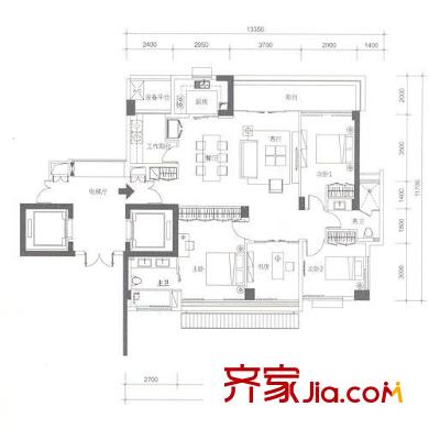 十五平方米花园户型图B户型 4-15层 4室2厅2卫1厨
