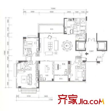 十五平方米花园户型图J户型 4-15层 5室2厅4卫1厨
