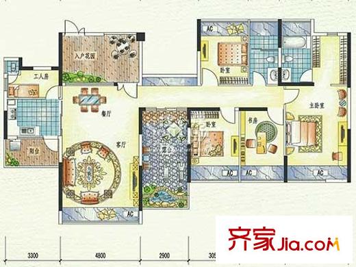 集信名城户型图15、16、17栋一、二单元偶数层A 4室2厅2卫