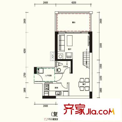 天健时尚空间户型图V墅 1栋01、14单位 复式下层 1室2厅2卫