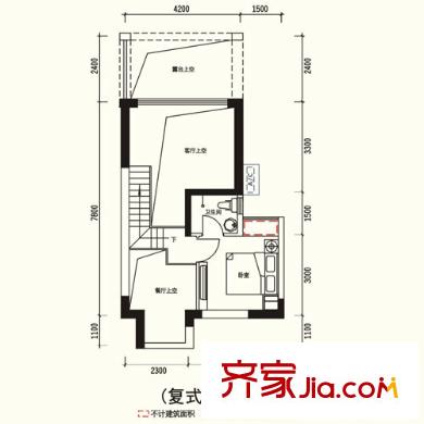 天健时尚空间户型图V墅 1栋15、16单位 复式上层 1室2厅2卫