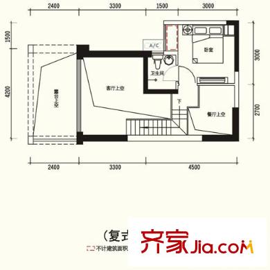 天健时尚空间户型图V墅1栋03、04、06、07、08、09、11、12单位 1室2厅2卫