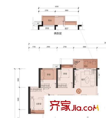 龙岗大道1号户型图2栋A单元01户型 3室2厅1卫1厨