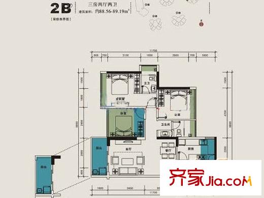 栖游记户型图2B户型 3室2厅2卫1厨