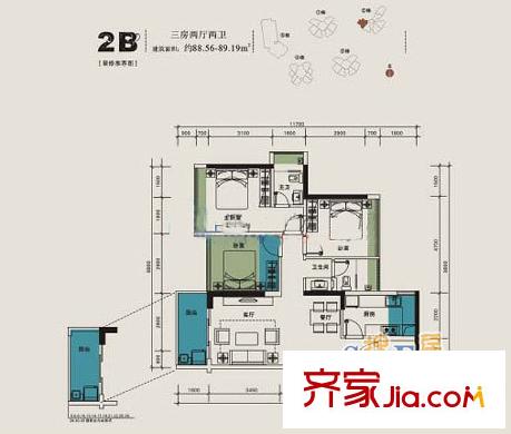 栖游记户型图2B户型 3室2厅2卫1厨