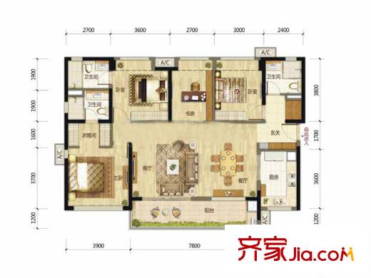万科公园里户型图C户型 4室2厅3卫1厨