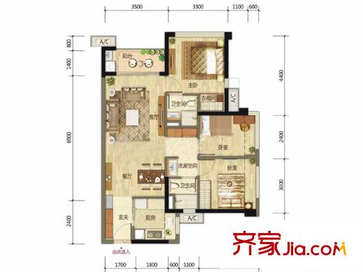 万科公园里户型图A户型 3室2厅2卫1厨
