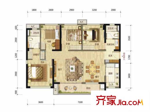 万科公园里户型图B户型 4室2厅2卫1厨